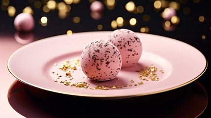 Sticker -  two pink and gold decorated donuts on a pink plate.  generative ai