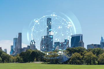 Green lawn at Central Park and Midtown Manhattan skyline skyscrapers at day time, New York City, USA. Social media hologram. Concept of networking and establishing new people connections