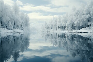 A lake surrounded by snow covered trees, AI