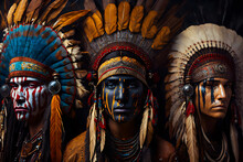 Three Men In Traditional Red Indian Face Painting And Headdress. Generative AI