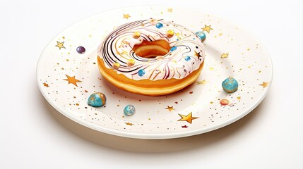 Sticker -  a white plate topped with a donut covered in icing.  generative ai