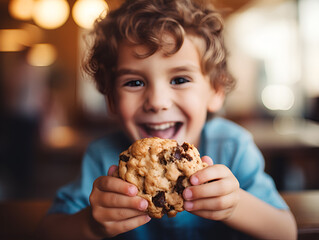 Close up portrait of a happy toddler kid eating a fresh baked cookie, blurred background