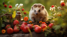 Small Prickly Hedgehog In The Forest, Urchin, Wildlife, Animal, Ripe Red Berries, Harvest, Fruit, Cloudberry, Raspberry