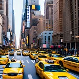 Fototapeta Nowy Jork - A bustling street in New York City with iconic yellow taxis and skyscrapers1, Generative AI
