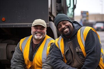 Two adult professionals, wearing uniforms, overseeing industrial operations with a garbage truck and safety equipment.