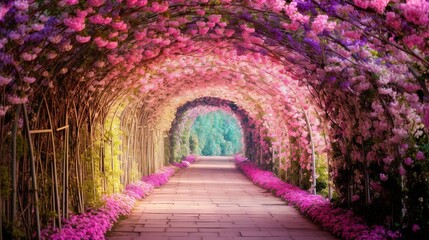 Canvas Print -  a pathway lined with pink and purple flowers in a park.  generative ai