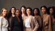 © MPA STUDIO - Group of diverse beautiful smiling confident women in business suits standing together, representing various nationalities and ethnic backgrounds. Concept of female empowerment, inclusivity, teamwork