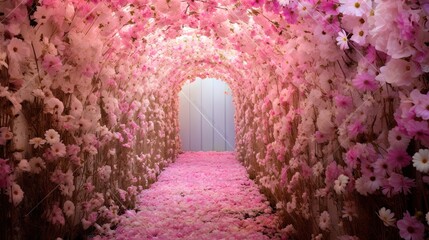 Canvas Print -  a tunnel of pink flowers with a white door in the background.  generative ai