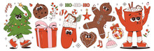 Christmas Groovy Retro Characters And Elements. Gingerbread Man, Cocoa, Christmas Tree, Gift And More. 60 -70s Vibes Sticker Set. Merry Christmas And Happy New Year.