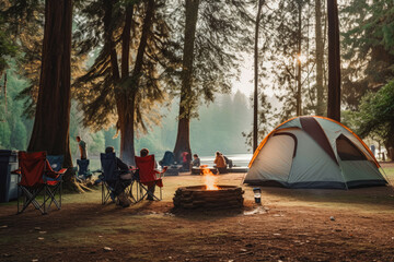 campers at campsite. camping tent in a camping in a forest. camping site with a caravan and a four w