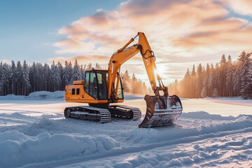 Construction site crawler excavator stands in a winter scenery. Construction during winter and snow, stranded in winter conditions.