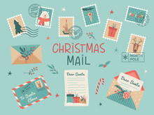 Set Of Santa Mail Included Christmas Opened And Closed  Envelopes, Decorated With Branches And Dried Lemon Slice, Seals, Postage Stamps,  Wishlist, Mailbox. Vector Illustration On Light Background