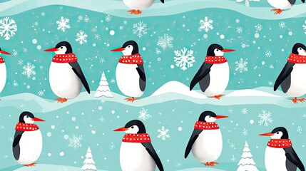 Wall Mural -  a group of penguins wearing scarves and scarfs in the snow.  generative ai