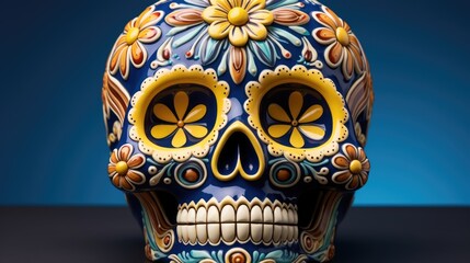 A colorful ceramic skull with flowers on it, AI