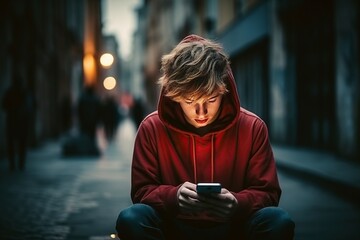 teenage boy using smart phone on the street