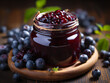 Blueberry jam in a jar on a background with berries. Generated by AI