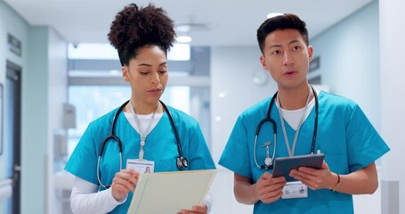 Poster - Doctors, teamwork and tablet or documents for clinic teamwork, online results and planning healthcare services. Medical people or nurses on digital technology, walking and talk of research or charts