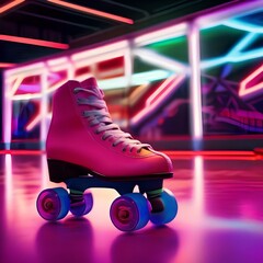 Wall Mural - A retro, 1980s-style roller skating rink with neon lights and disco balls3