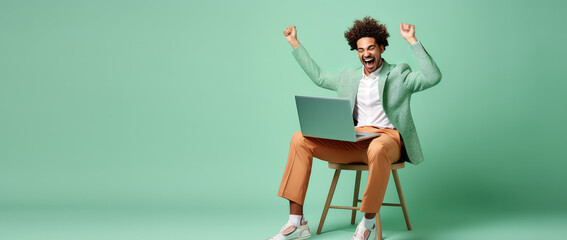Joyful surprised man sitting with laptop on his lap in winning pose isolated on flat pastel background with copy space. Online giveaway banner template. 