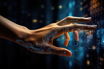 Poster - Close up of human hand touching with finger circuit panel on media screen, Close up of handshake in the office, AI Generated