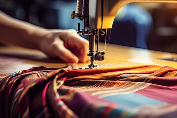 Wall Mural - Close up of sewing machine with cloth. Sewing process concept, Close up of sewing machine and hand of seamstress working on fabric, AI Generated