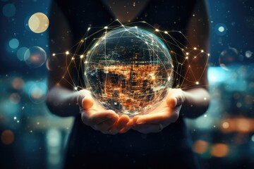 Canvas Print - Businesswoman on blurred background holding holographic globe in her hands 3D rendering, Close up of woman hand holding global network connection concept. Mixed media, AI Generated