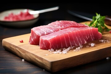 Poster - Tuna sashimi on cutting board. Raw fresh tuna fish on wooden table, closeup view of a fresh raw tuna steak on cutting, AI Generated