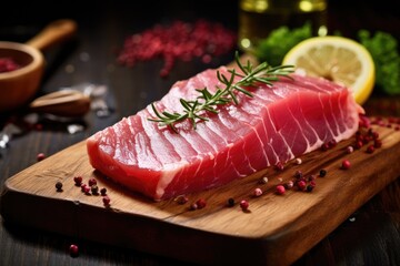 Poster - Raw tuna steak on a cutting board with rosemary and pepper, closeup view of a fresh raw tuna steak on cutting, AI Generated