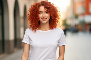 Wall Mural - Mockup. Beautiful cheerful redhead girl with curly hair wearing blank white tshirt. Young woman standing in city street outdoors. Mock up template for t-shirt design print