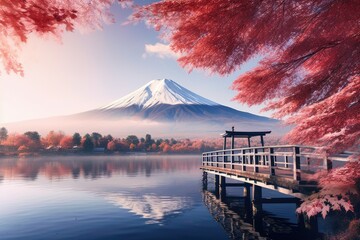 Wall Mural - Fuji Mountain in Kawaguchiko lake, Japan. Nature background, Colorful Autumn Season and Mount Fuji with morning fog and red leaves at lake Kawaguchiko, AI Generated