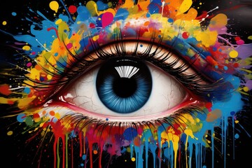 Sticker - Colorful eye with splashes of paint and flowers on black background, colorful eye painting, AI Generated