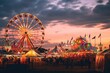 people on the fairground at sunset, colorful summer carnival at dusk, AI Generated