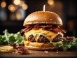 A juicy burger with perfectly melted cheese and crispy bacon