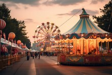 Carnival In The Park At Sunset. Amusement Park, Colorful Summer Carnival At Dusk, AI Generated
