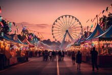 Amusement Park With Ferris Wheel And Fairground At Sunset, Colorful Summer Carnival At Dusk, AI Generated
