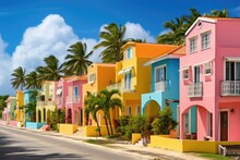 Colorful Houses On The Island Of St. Lucia, Caribbean, Colourful Houses On The Tropical Island Of Barbados, AI Generated