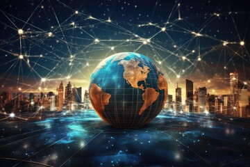 Poster - Global network connection concept with earth globe on city background. 3D rendering, Communication technology for internet business. Global world network and telecommunication, AI Generated