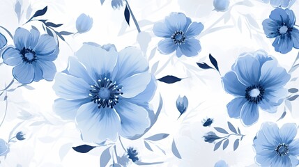   a blue flower pattern is shown on a white background with blue leaves.  generative ai