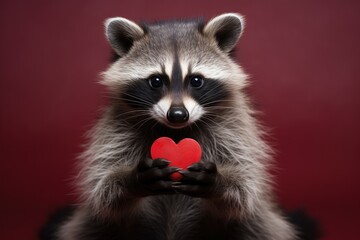 Poster - Cute raccoon holding red heart on red background, closeup, Cute Baby raccoon holding red heart on valentines Day, AI Generated