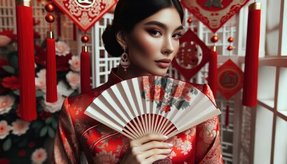 Wall Mural - Close-up photo of a woman, her elegance radiating in a vibrant red qipao, holding a delicate paper fan with intricate designs.