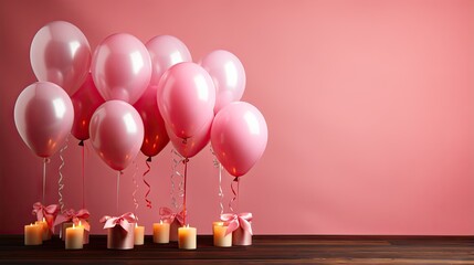 Sticker -  a bunch of balloons and candles on a table with a pink wall in the background.  generative ai