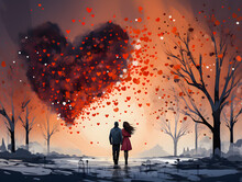 Romantic Couple In Love, Two Young People Holding Hands Surrounded By Red And Love Red Hearts. Couple In Love. Valentine's Day. Illustration. Love Banner. Generative AI