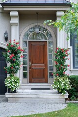 Poster - Home entrance with elegant wood grain front door and red flowers