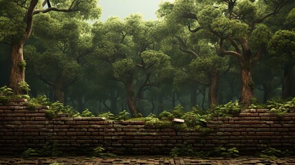 Poster -  a painting of a brick wall with trees in the background.  generative ai