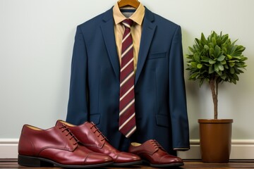 Poster - A suit, tie and shoes are displayed on a wooden floor, AI