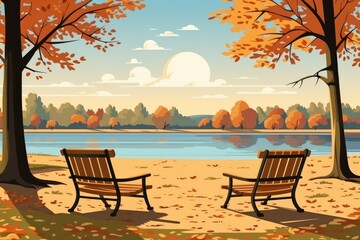 Wall Mural - Two wooden chairs by the lake with autumn leaves, AI