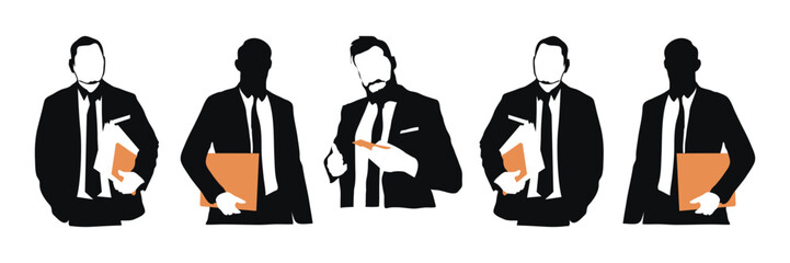 Wall Mural - Silhouette collection of businessmen in various poses, some holding documents. Businesspeople Group Human Resources Vector Illustration