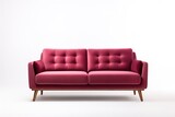 Fototapeta  - Viva magenta trend color sofa. Modern interior design with accent luxury vivid furniture. Closeup pillows and table. Crimson tone deep rich couch. Minimal interior design living home. 3d render