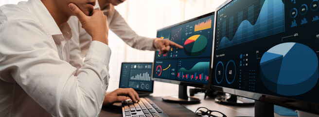 Poster - Analyst working on data analysis or BI dashboard on computer monitor. Business team analyzing financial data by Fintech in corporate office for business marketing and strategy planning. Trailblazing