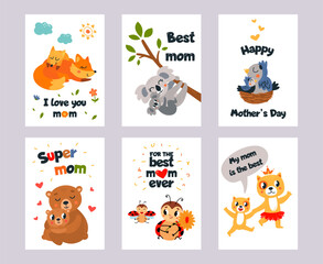 Cute animal mothers day cards. Baby and mom animals, funny bird in nest and ladybug with children. Funny fox and koala, classy vector covers design